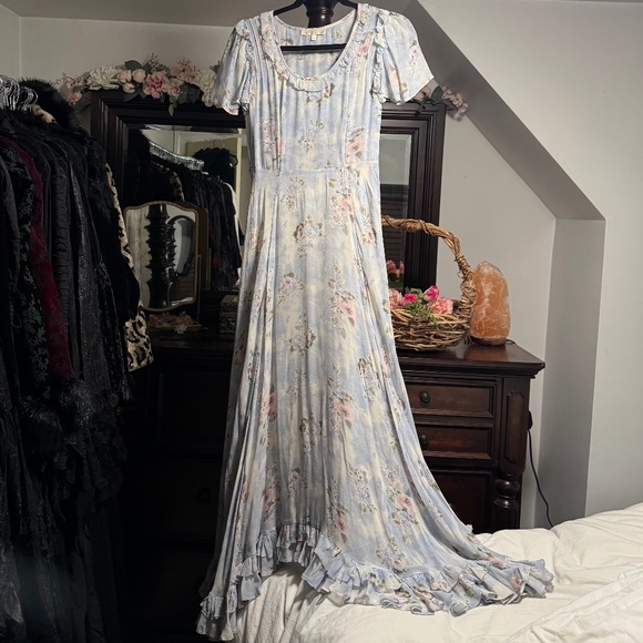 Rare LoveShackFancy Silk Dress Blue floral 0 - Picture 1 of 14